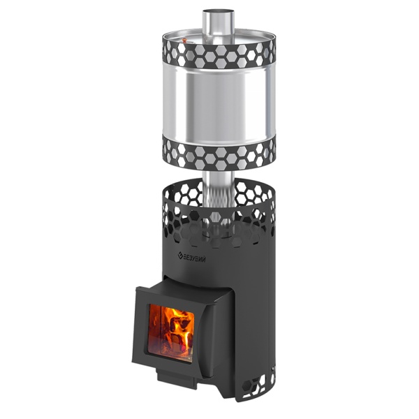 Печь-каменка ЧЁРНАЯ ПЧЁЛКА с баком дверца со стеклом (6 - 14 м.куб)