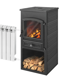 Печь-камин ЭТНА С ЧУГУННОЙ ПЛИТОЙ  11 кВт (БКД) с теплообменником АНТРАЦИТ ВЫСОКИЙ (180 м.куб)